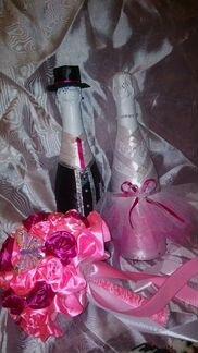 Украшение бокалов,бутылок,свечей,букет для невесты