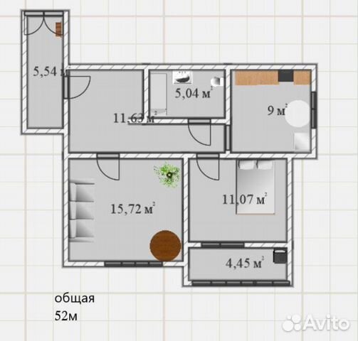 

2-к. квартира, 53 м², 3 кровати