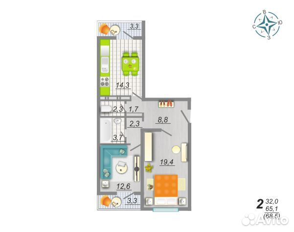 2-к квартира, 68.5 м², 10/17 эт. 2-к квартира, 68.5 м², 10/17 эт.