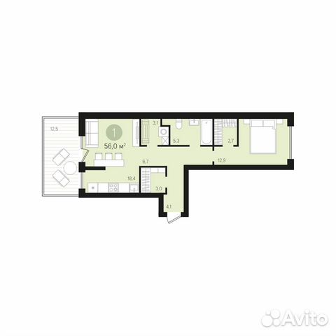 1-к квартира, 56 м², 1/8 эт.