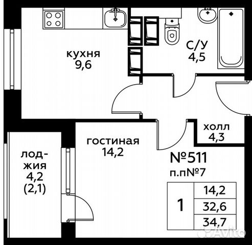 1-к квартира, 34.7 м², 15/22 эт.
