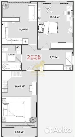 2-к квартира, 65.6 м², 8/14 эт.
