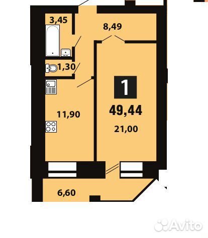 1-к квартира, 49.4 м², 6/16 эт. 1-к квартира, 49.4 м², 6/16 эт.