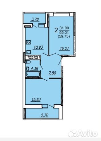 2-к квартира, 59.8 м², 5/14 эт.