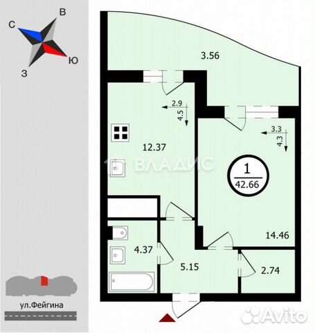 1-к квартира, 42.7 м², 1/17 эт.