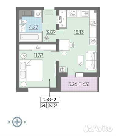 1-к квартира, 36.4 м², 15/25 эт.