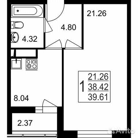 1-к квартира, 39.6 м², 1/8 эт.