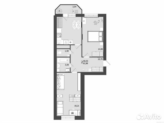 2-к квартира, 61.7 м², 2/9 эт. 2-к квартира, 61.7 м², 2/9 эт.