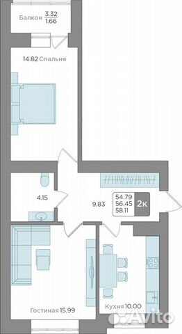 2-к квартира, 56.5 м², 1/9 эт.