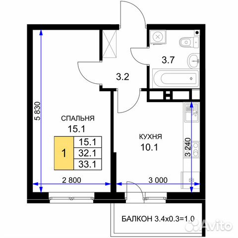 1-к квартира, 33.1 м², 10/16 эт. 1-к квартира, 33.1 м², 10/16 эт.
