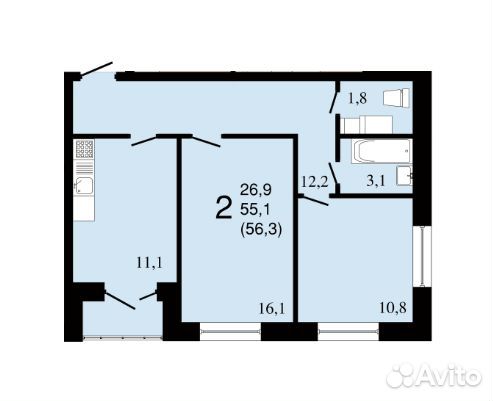 2-к квартира, 60.4 м², 5/16 эт.