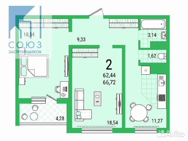 2-к квартира, 66.7 м², 4/25 эт.