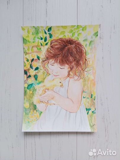 Авторская картина. Девочка и утенок. А4