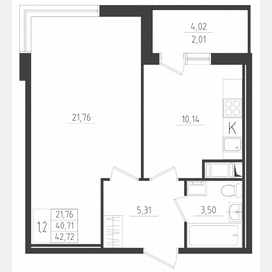 1-к. квартира, 42,7 м², 6/8 эт.