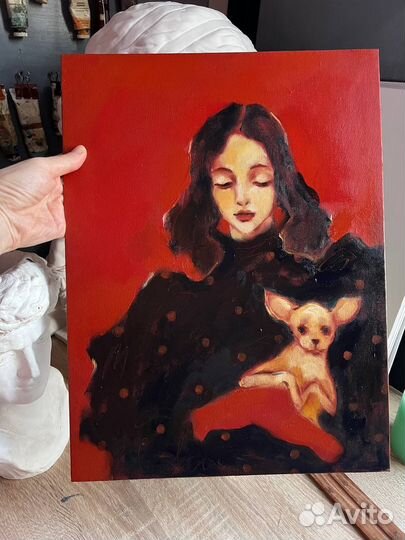 Картина маслом девушка с собакой той терьер