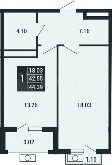 1-к. квартира, 44,4 м², 2/4 эт.
