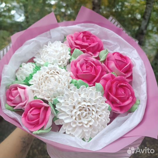 Зефирный букет, зефирные цветы, розы, хризантемы