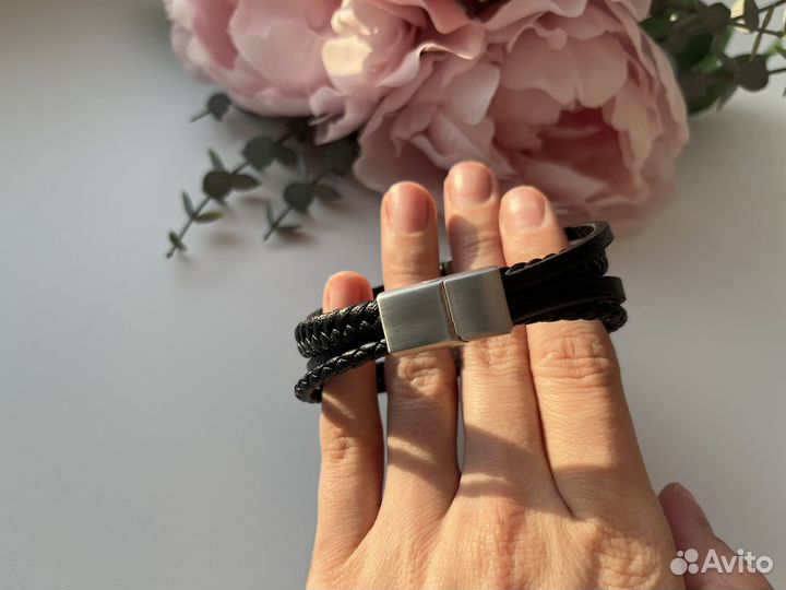 Браслет мужской на руку черный эко-кожа