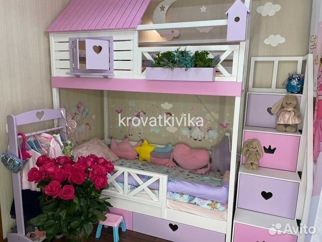 Двухъярусная Эко кровать домик из массива