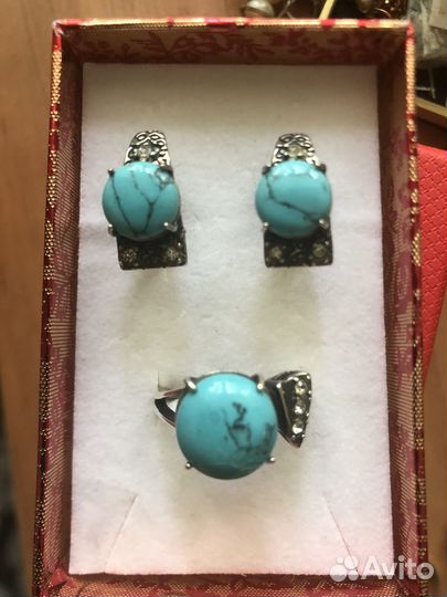 Серебряные серьги и кольцо с бирюзой