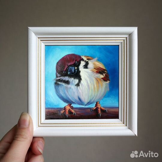 Картина маслом в раме Воробей 10х10см. В наличии
