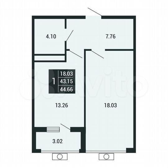 1-к. квартира, 44,7 м², 1/4 эт.