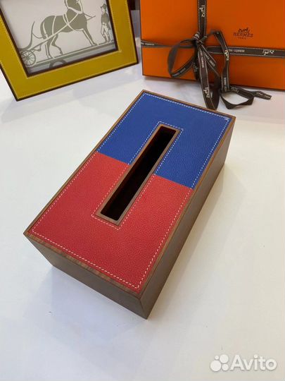 Салфетница Hermes деревянная кожа красная