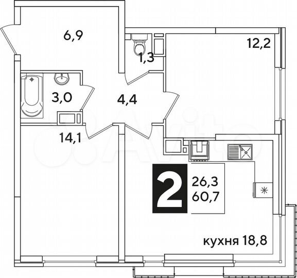 2-к. квартира, 60,7 м², 14/16 эт.