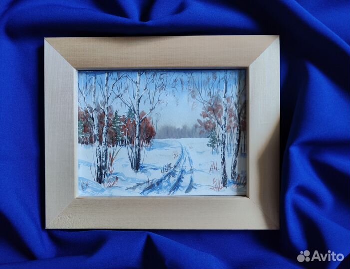 Картина акварелью Зимний пейзаж