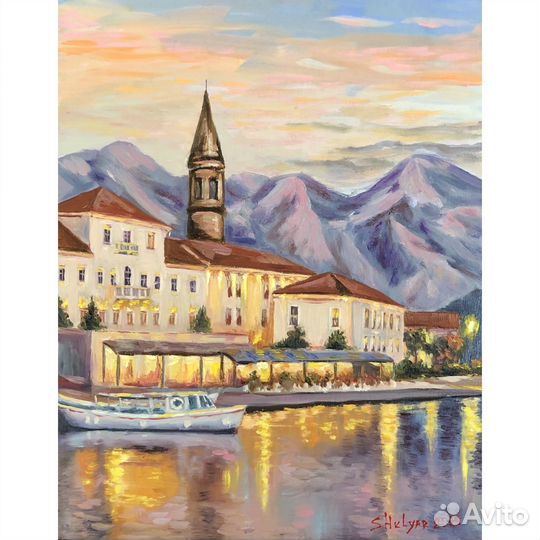 Картина маслом Вечер Фонари Море Город