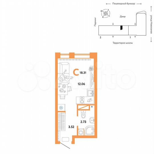 Квартира-студия, 18,3 м², 3/12 эт.