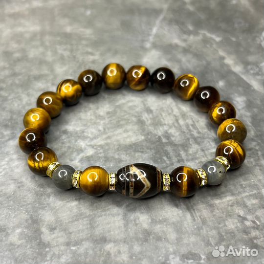 Браслет Дзи 1 глаз тигровый глаз и лабрадор