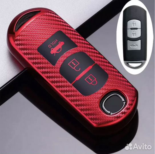 Чехол на ключ Mazda / Мазда 3 кнопки TPU carbon red