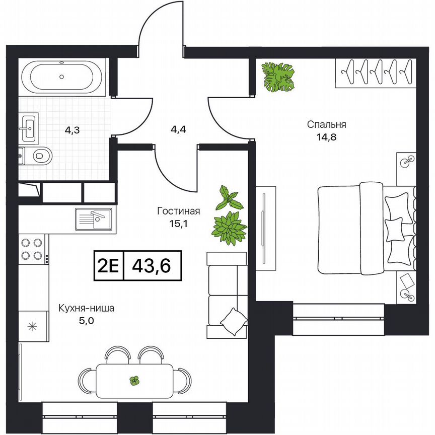 2-к. квартира, 43,6 м², 10/17 эт.