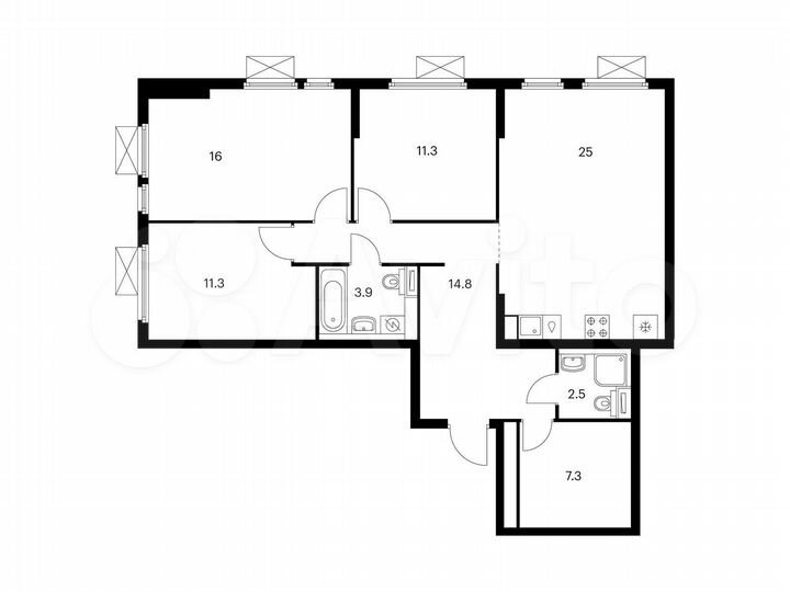 3-к. квартира, 92,1 м², 18/25 эт.