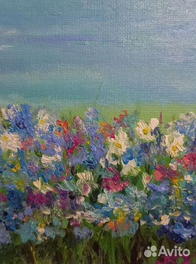 Миниатюра маслом на холсте Полевые цветы