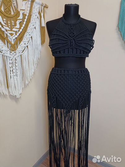 Костюм макраме, топ, юбка