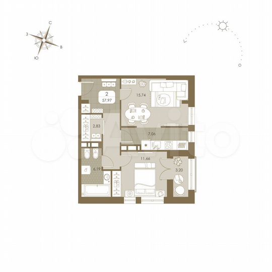 2-к. квартира, 58 м², 19/19 эт.