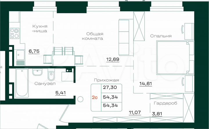 2-к. квартира, 54,3 м², 2/18 эт.