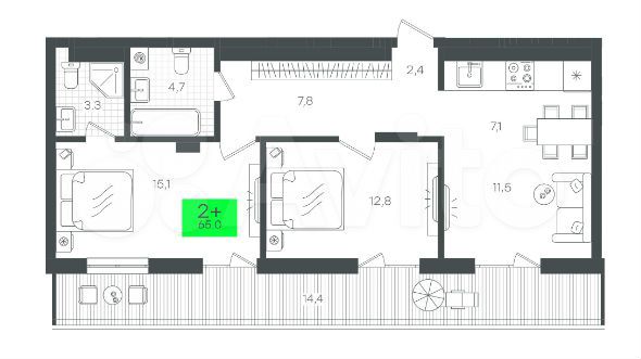 2-к. квартира, 65 м², 15/15 эт.