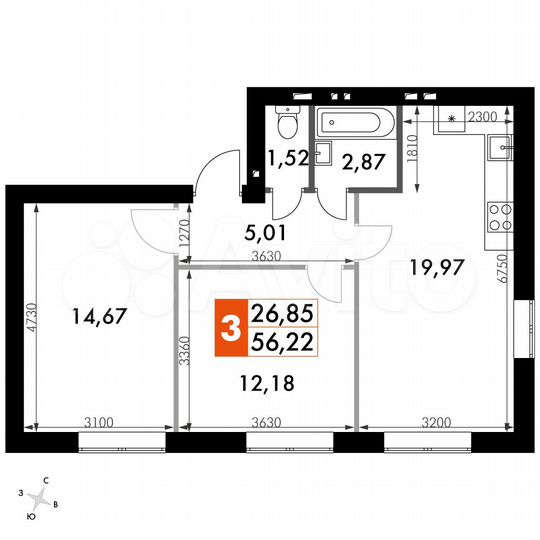 2-к. квартира, 56,2 м², 2/4 эт.