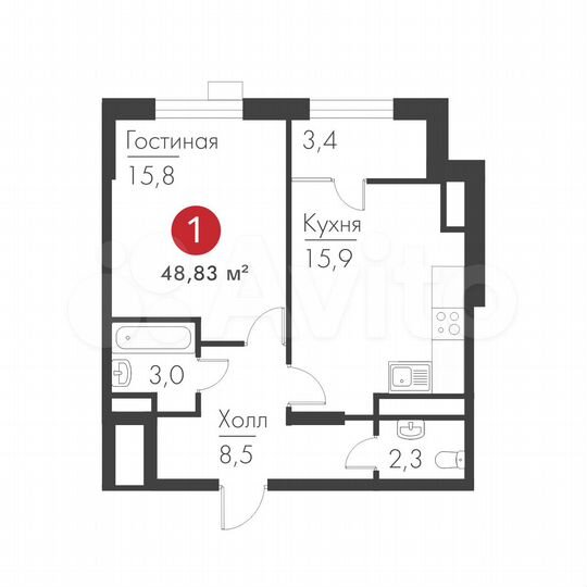 1-к. квартира, 48,8 м², 3/19 эт.