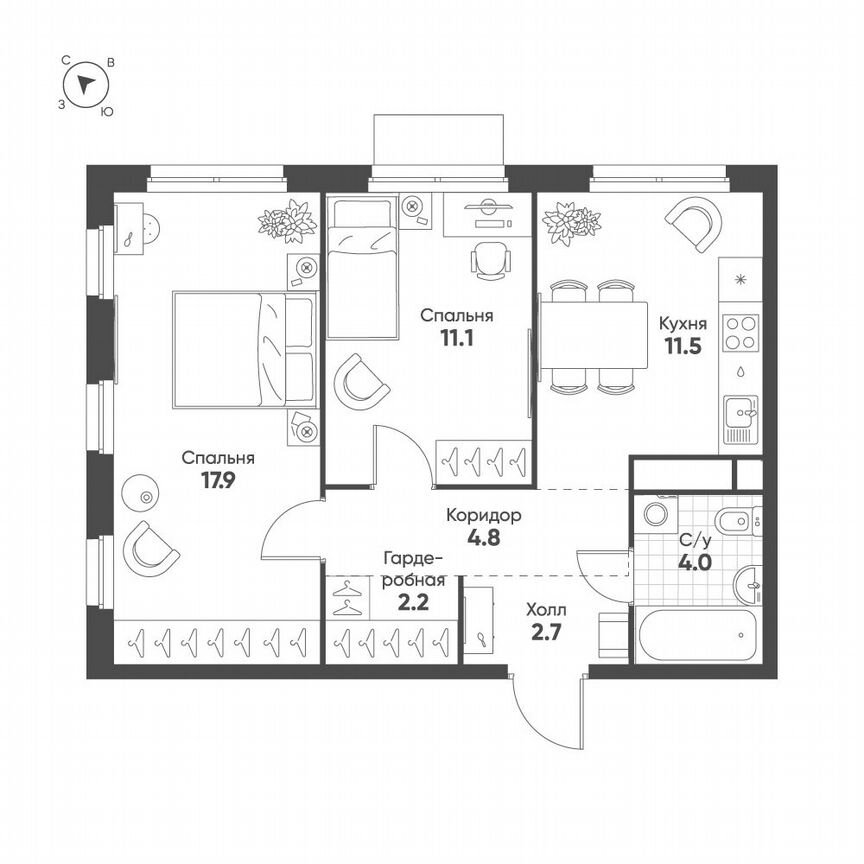2-к. квартира, 54,2 м², 3/9 эт.