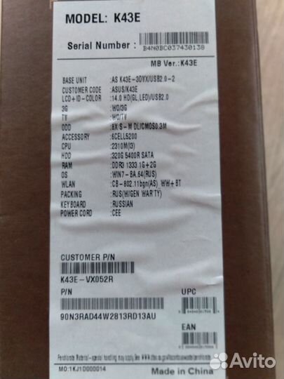 Компьютер asus K43E