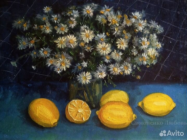 Интерьерная картина с лимонами и ромашками маслом