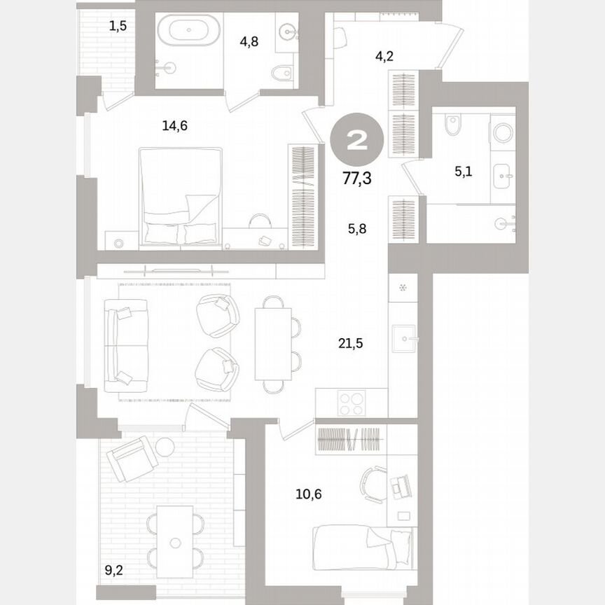 2-к. квартира, 76,8 м², 4/15 эт.