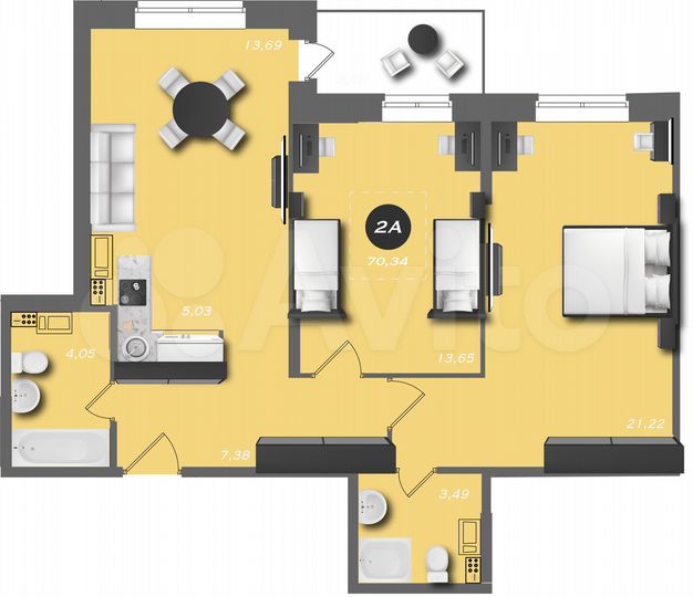 2-к. квартира, 70,3 м², 12/22 эт.