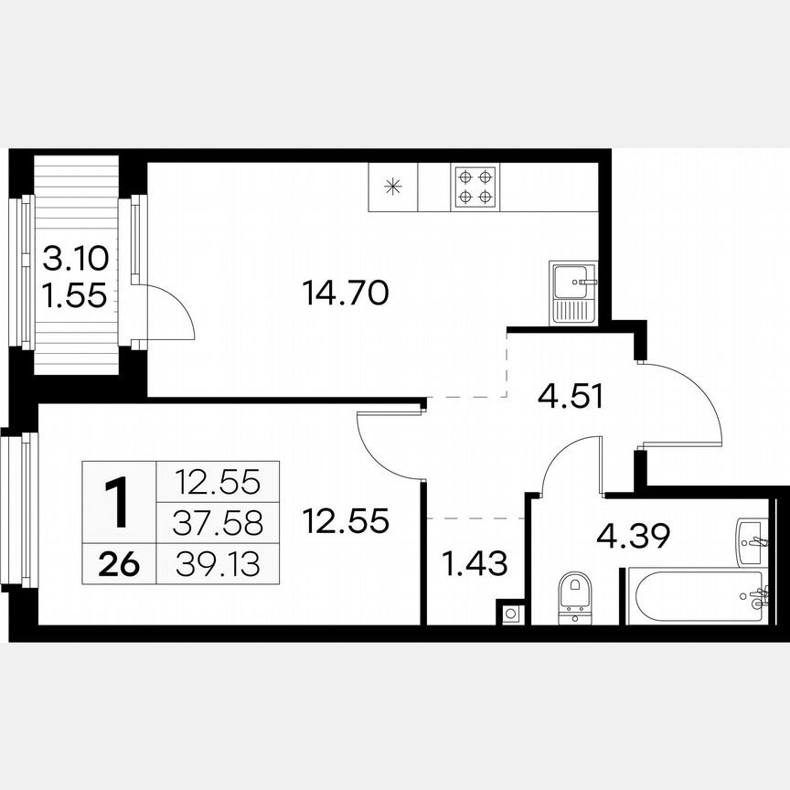 1-к. квартира, 39,1 м², 3/15 эт.