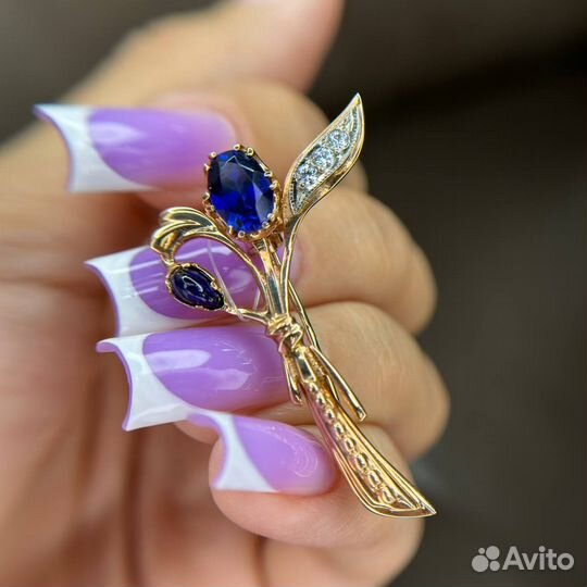 Золотая брошь булавка 585 с сапфиром золото