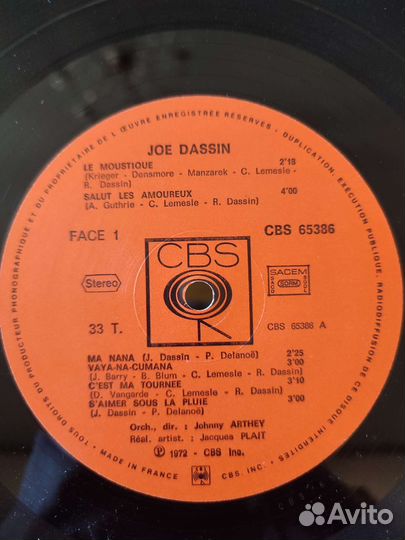 Joe Dassin 1972 France CBS Ex/Ex